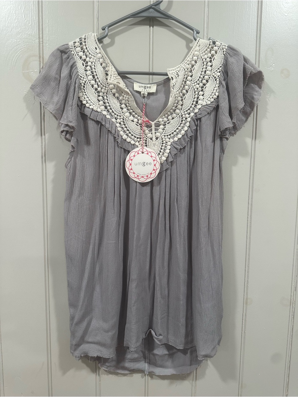 Umgee Gray Tunic with Cream Crochet Yoke